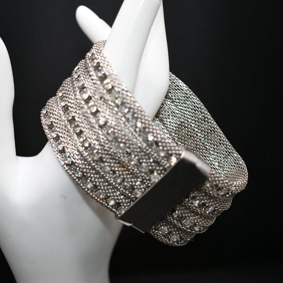 Vintage Wide Rhinestone Silver Tone Bracelet, Magnetic Clasp, 7 1/2 Inches - Picture 5 of 7